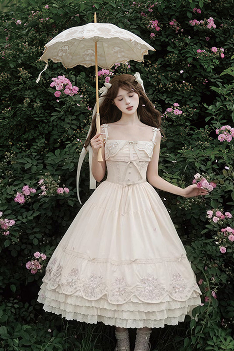 Apricot Princess Lolita JSK Dress with Triple-Layer Ruffles Embroidery Bowknot and Lace