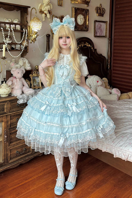 Blue Lotus Butterfly Heart Multi-Layered Ruffle Hanayome Bowknot Lace Sweet Lolita Jsk Dress