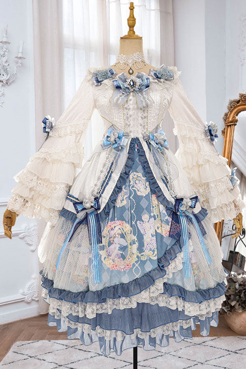 Cerulean and Ivory Embroidered Floral Hanayome Long Sleeve Multi-Layer Ruffled Sweet Lolita OP Dress