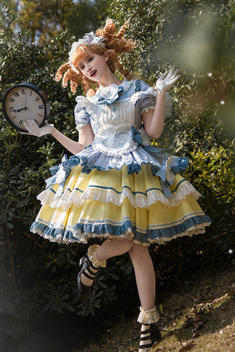 Blue/Yellow Short Sleeves Triple-Layer Ruffle Ribbon Lace Girly Japanese Lolita Dress
