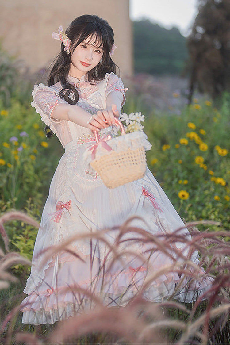 Blush Mandarin Collar Short Sleeve Ruffled Embroidered Lace Sweet Chinese Inspired Lolita Gown