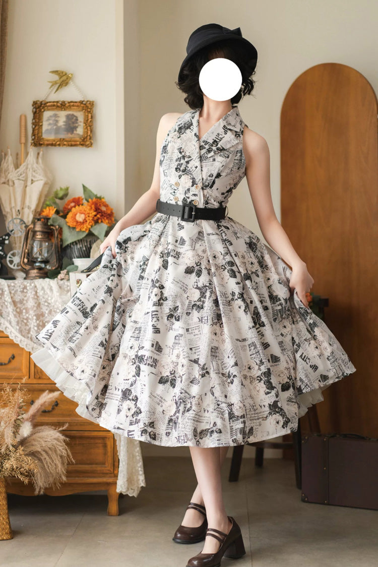 V Collar Printed Vintage Dress - Afternoon Forest