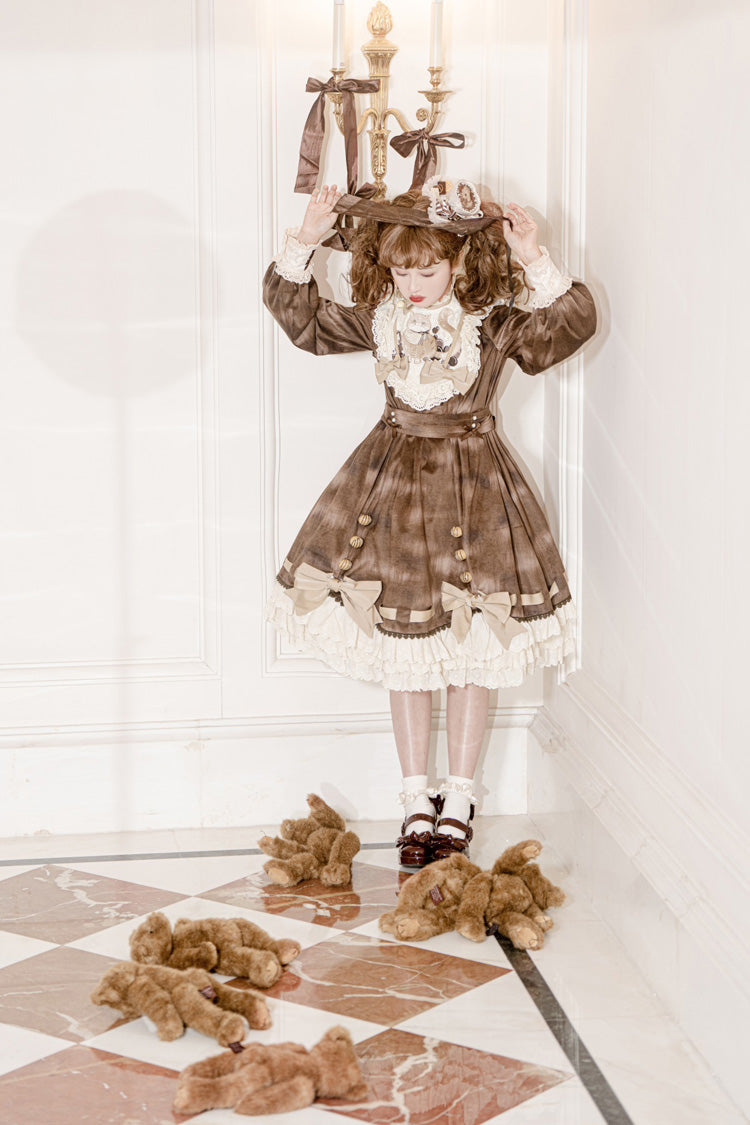 Chocolate Cat Print Long Sleeve Ruffle Bow Sweet Dress