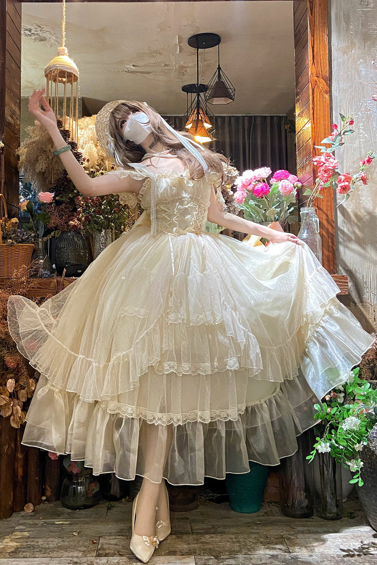 Apricot Sweet Vintage Lolita JSK Dress with Ruffle Cardigan Bowknot Lace and Elegant Style