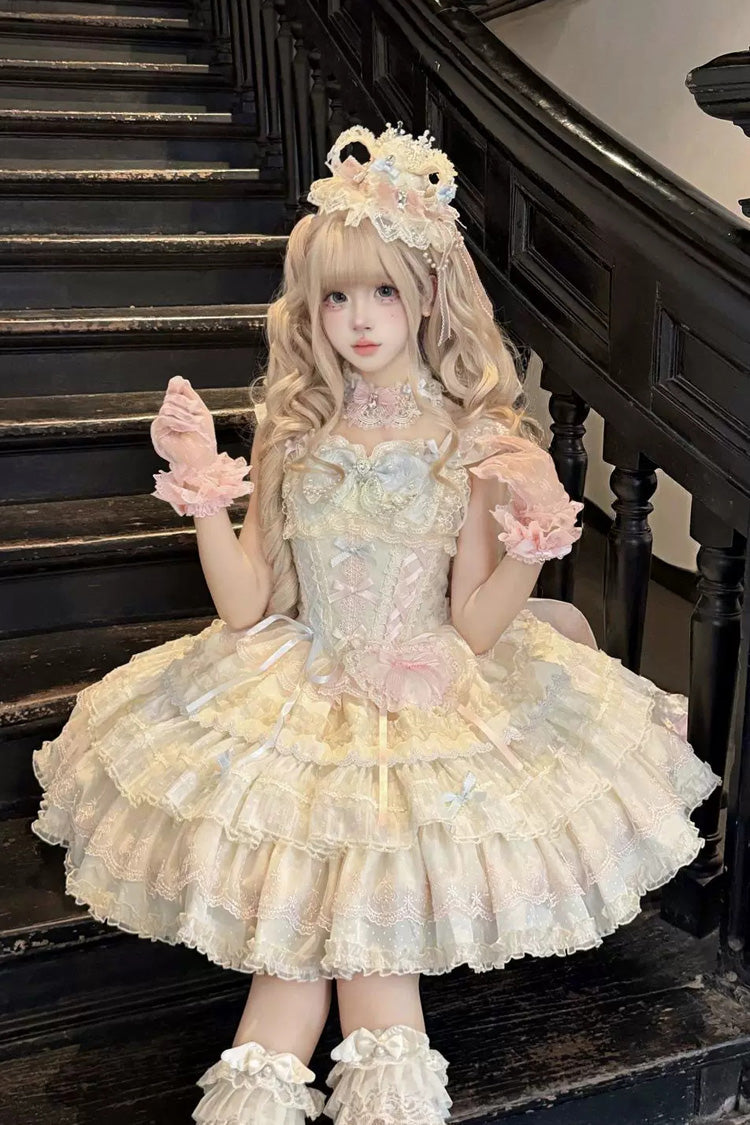Sweet Lolita JSK Dress with Square Collar and Ruffled Bow - Apricot/Pink