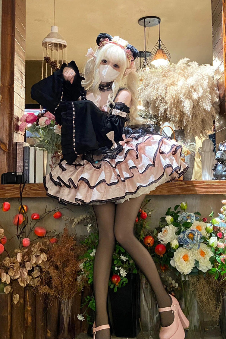 Black Pink Sleeveless Multi-Layer Ruffled Lace-Up Gothic Jsk Dress