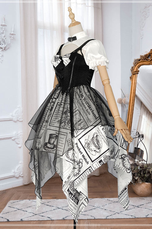 Ebony Dress - Fake Two Piece Vintage Printed Irregular Hem