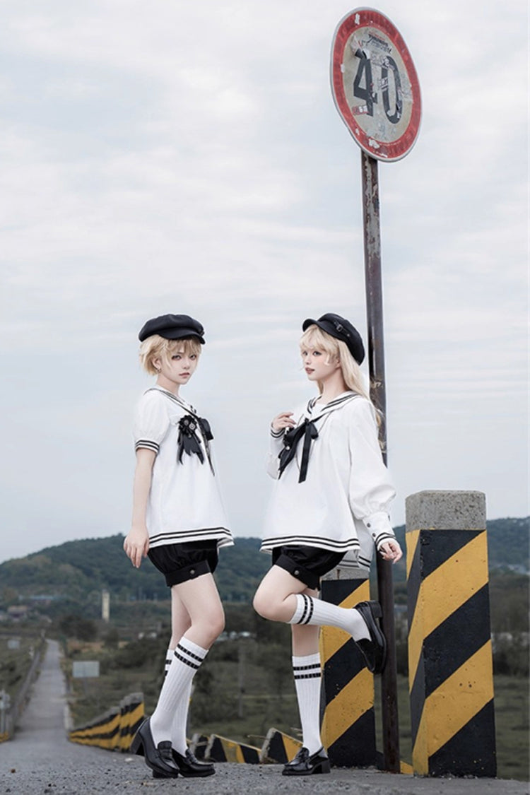 Old Stories Navy Collar Long-Sleeve Bow Ouji Gothic Lolita Set