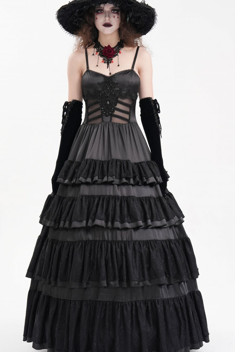 Gothic Mesh Dress with Ruffles and Lace-Up, Black