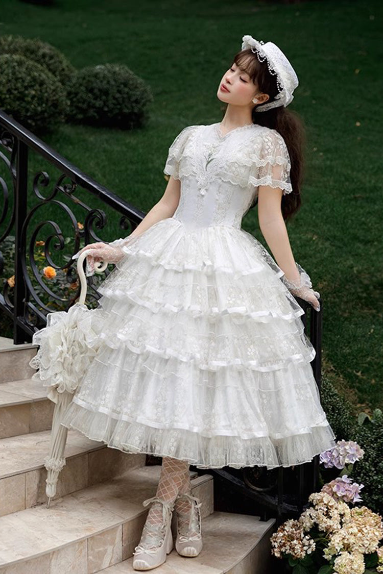 Ivory Morning Dew Lily Short Sleeve Multi-Ruffle Embroidery Elegant Lolita Gown