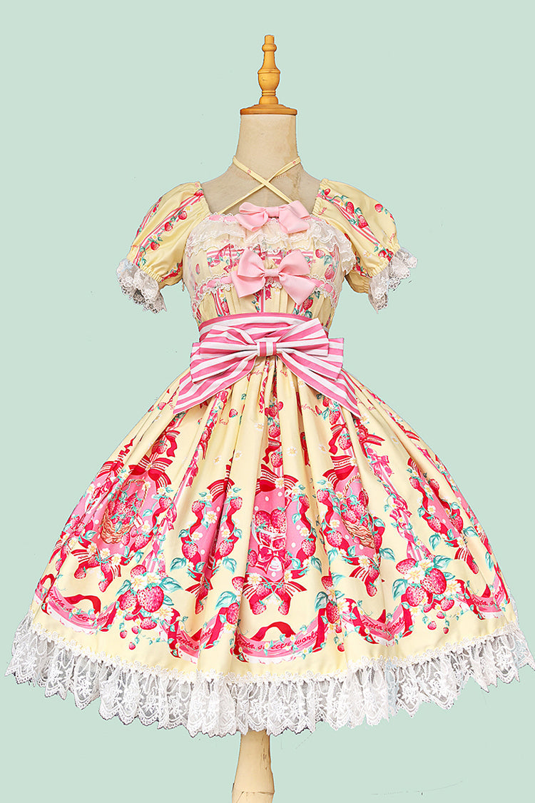 Printed Bowknot Lace Sweet Dress with Short Sleeves - Strawberry Chef