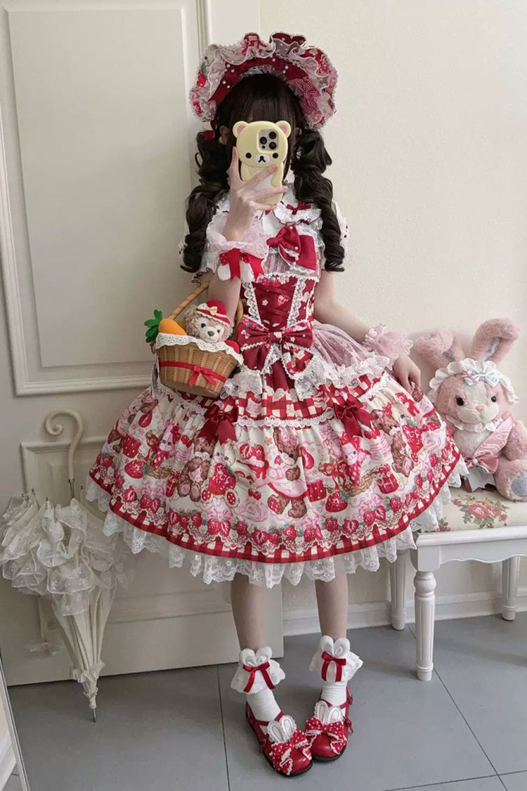 Red Sweet Lolita JSK Dress Printed Bow Lace Lace-Up - Sweet Berry Bunny Bear