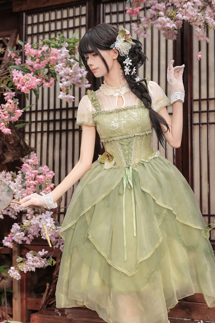 Fragrance Stand Collar Short Sleeves Multi-Layered Printed Ruffled Bow Lace Irregular Chinese Style Sweet Lolita Dress 2 Colors - Green/Pink