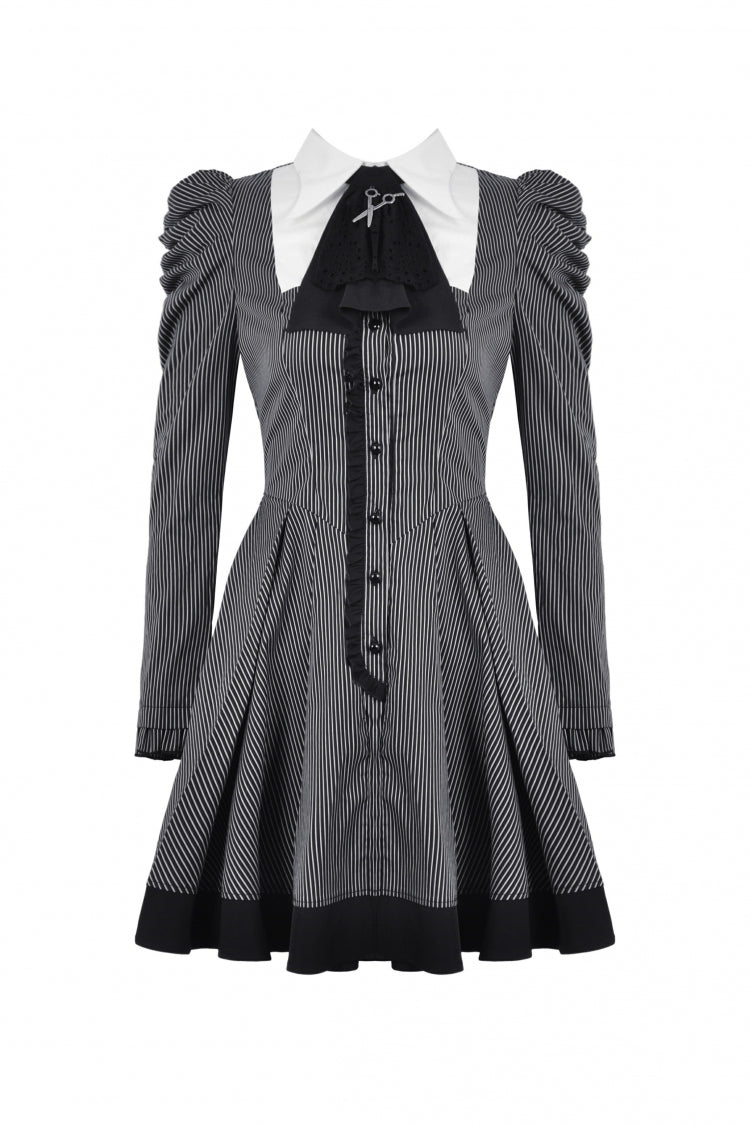 Lapel Collar Long Puff Sleeves Striped Preppy Gothic Dress