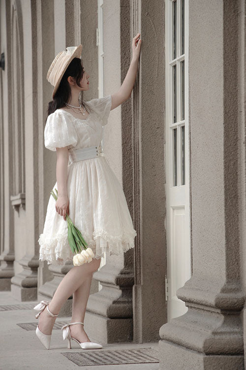 Vintage Lolita OP Dress with Tulip Collar, Lantern Sleeves, Ruffles