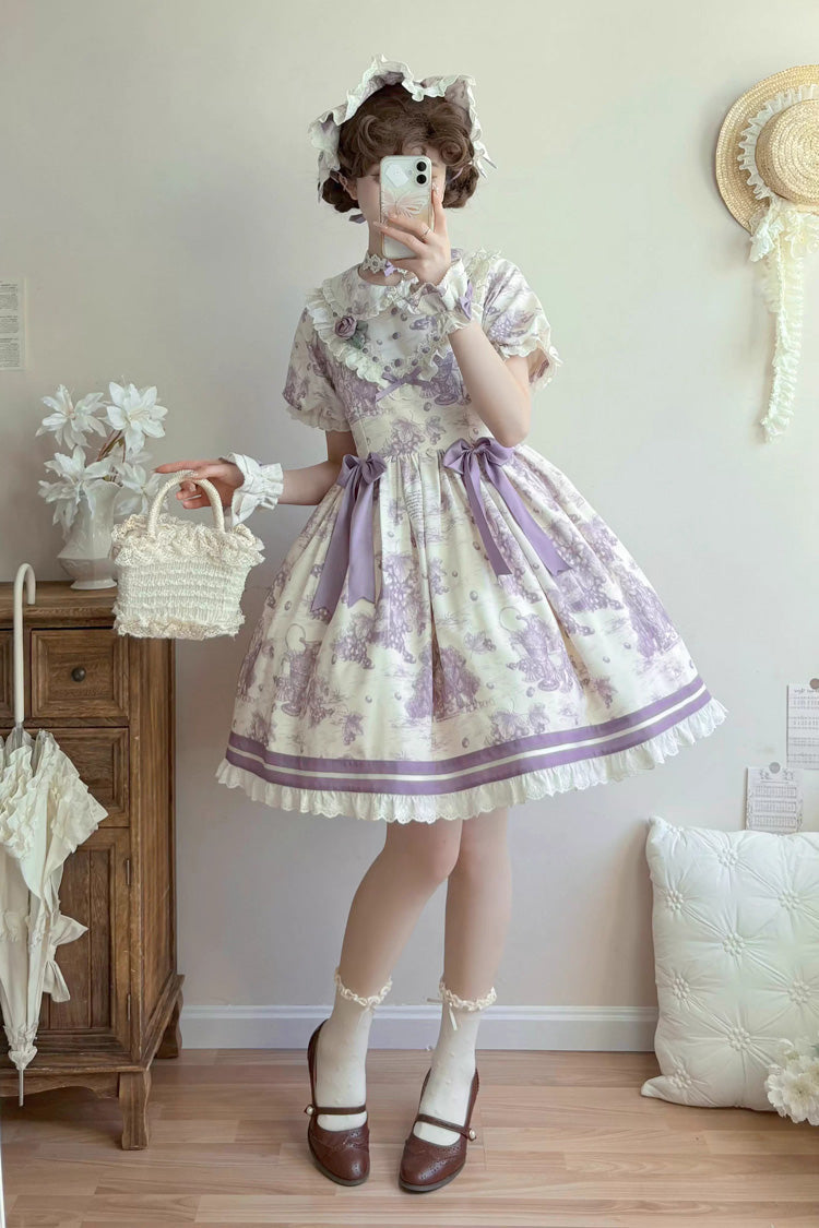 Violet Multi-Layered Ruffled Bow Short Sleeve Lolita Dress by Grape Moon Almanac - Grape Moon Almanac