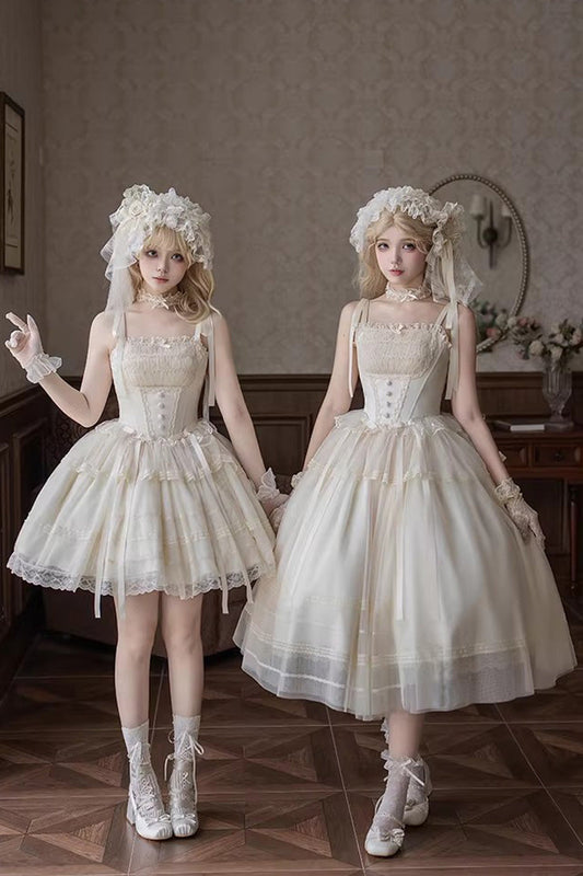 Sweet Lolita JSK Dress with Square Collar and Ruffled Bow - Ivory