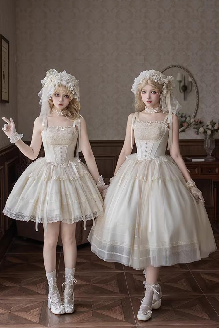 Cream Letters Poems Confession Square Collar Sleeveless Frilled Bow Lace Fishbone Sweet Lolita JSK Dress Two Variants