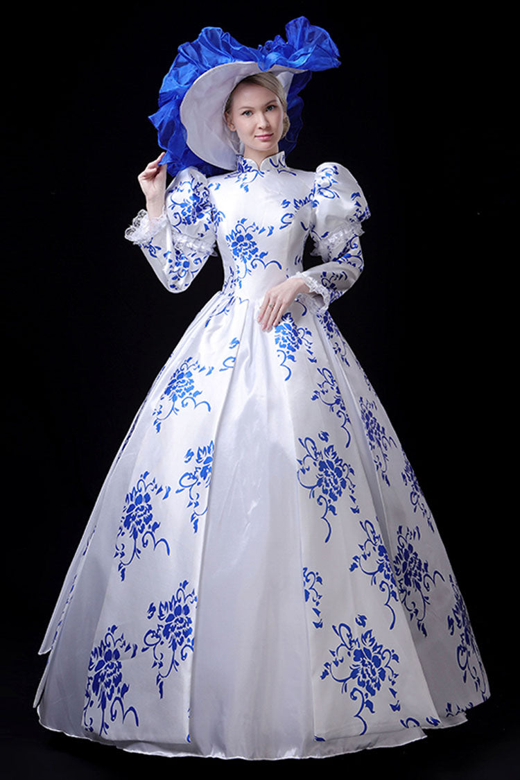 Cerulean and Ivory Porcelain Print Stand Collar High Waist Victorian Lolita Evening Dress
