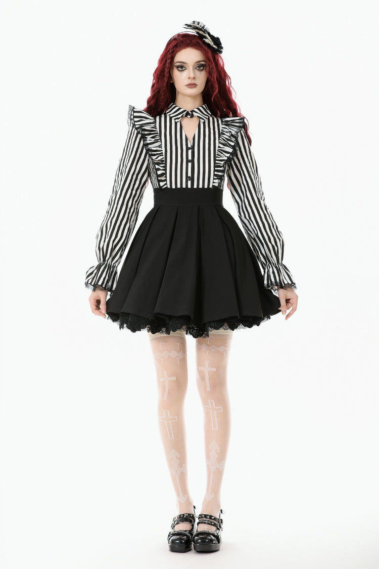 Striped Lapel Collar Long Sleeves Moon Lace Bow Ruffled Pleated Gothic Dress