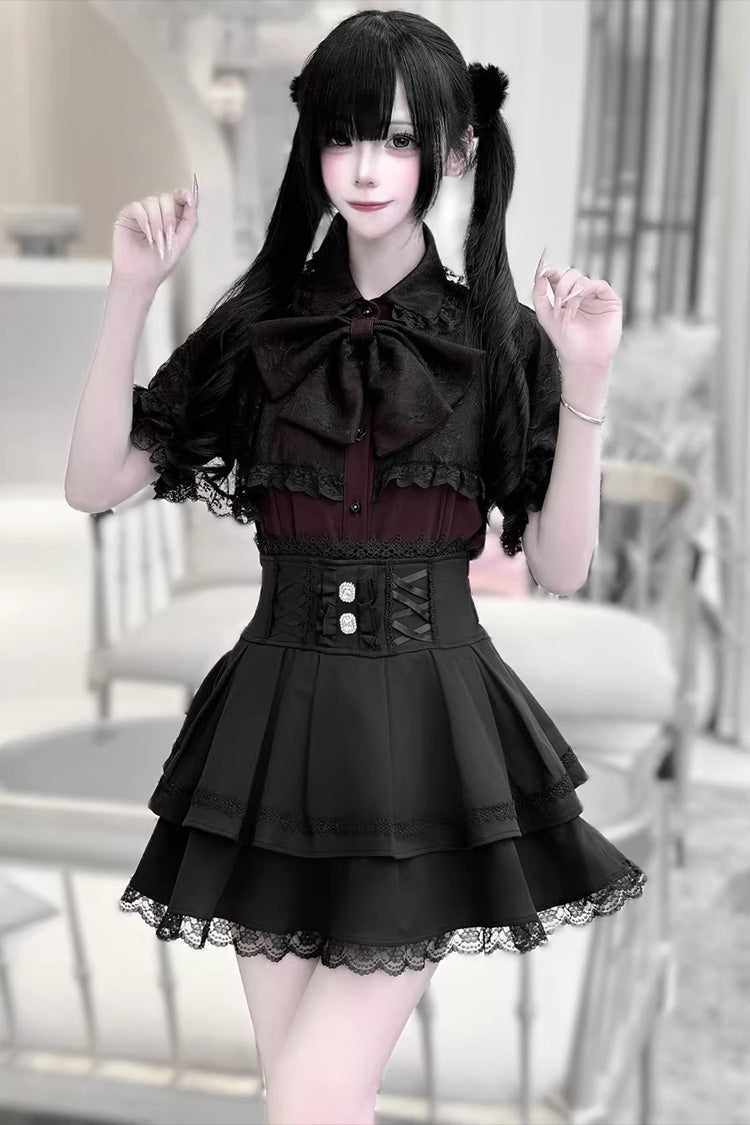 Dark Moon Shadow Double Layered Ruffled Embroidered Lace Up Gothic Lolita Set