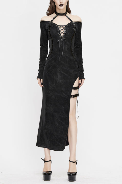 Side High-Slit Slim Fit Long Punk Dress with Choker