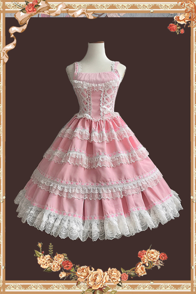 Doll in the Mirror Square Collar Sleeveless Ruffled Lace-Up Sweet Lolita Jsk Dress - Pink/White