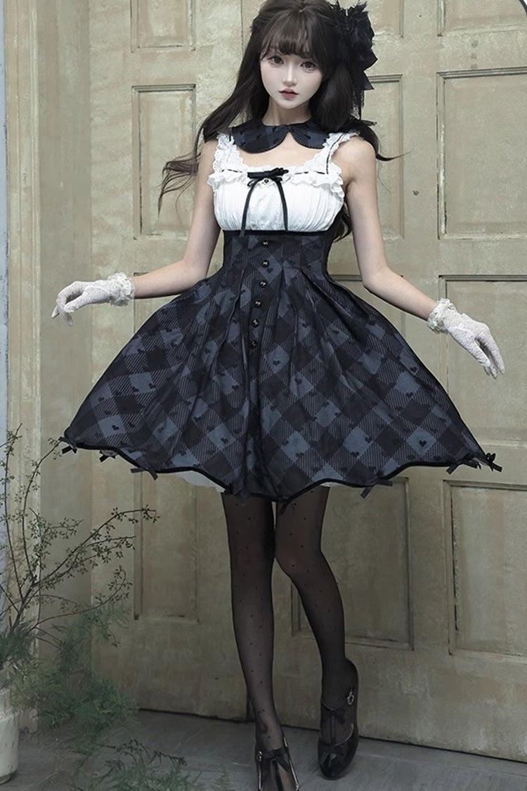 Black Short Sleeve Plaid Print Sweet Elegant Princess Dress Short - Swan