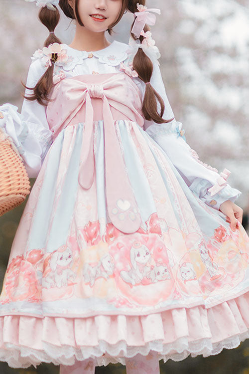 Pink Dog and Donut Print JSK with Ruffles and Bowknot