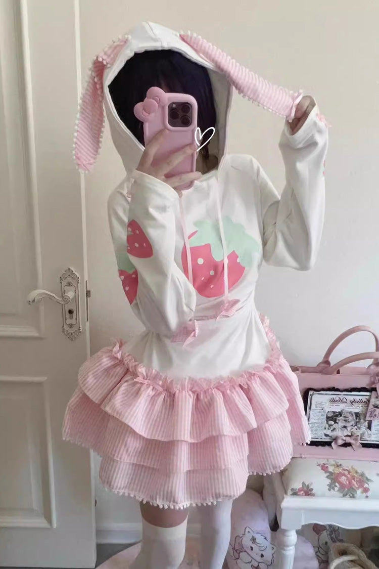 Ivory & Pink Long-Sleeve Triple Strawberry Print Hooded Sweet Lolita Dress