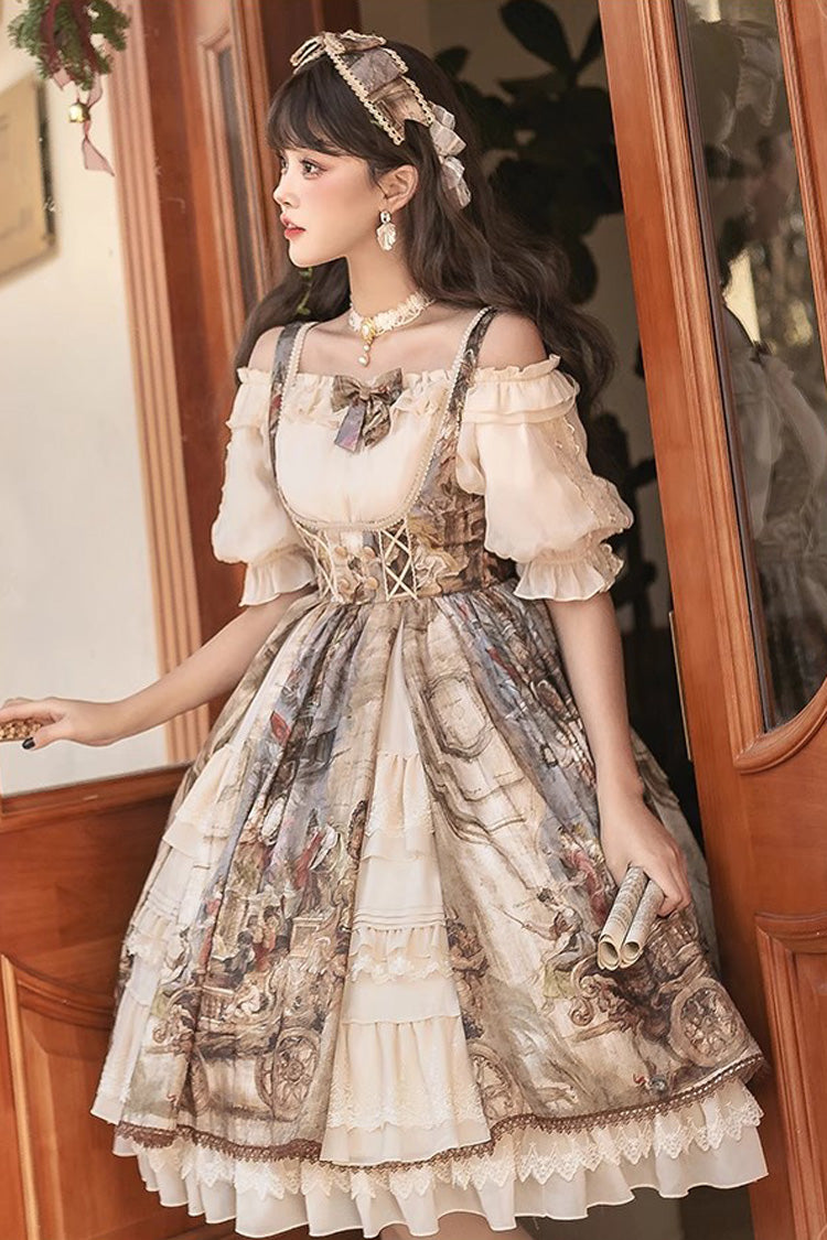 Oil Painting Bowknot Lace Elegant Palace JSK in Brown