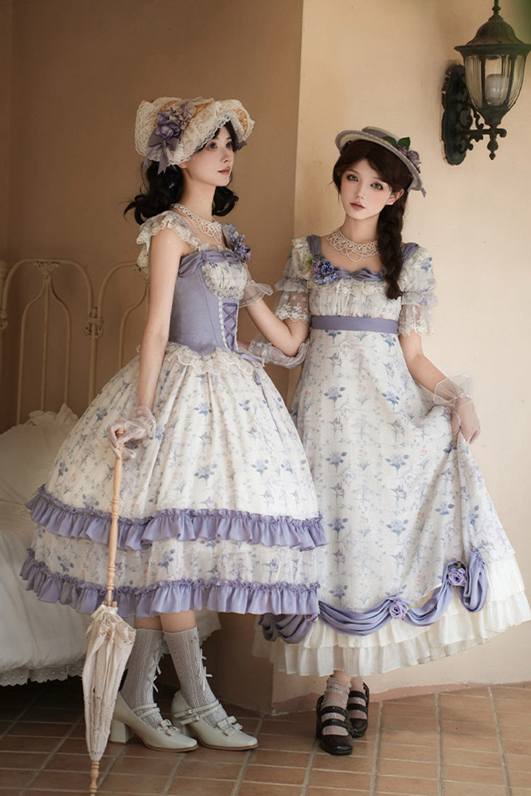 Double-Layer Print Ruffle Bow Lace-Up Fake Two Piece Sweet Lolita Jumper Dress - Purple Ivory