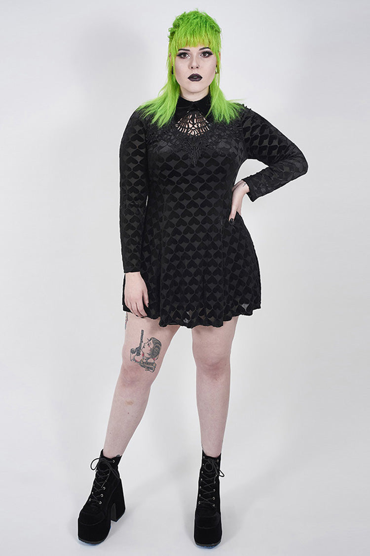 Front Chest Hollow-Out Decals Long Sleeve Back Waist Lace-Up Plus Size Velvet Print Gothic Dress