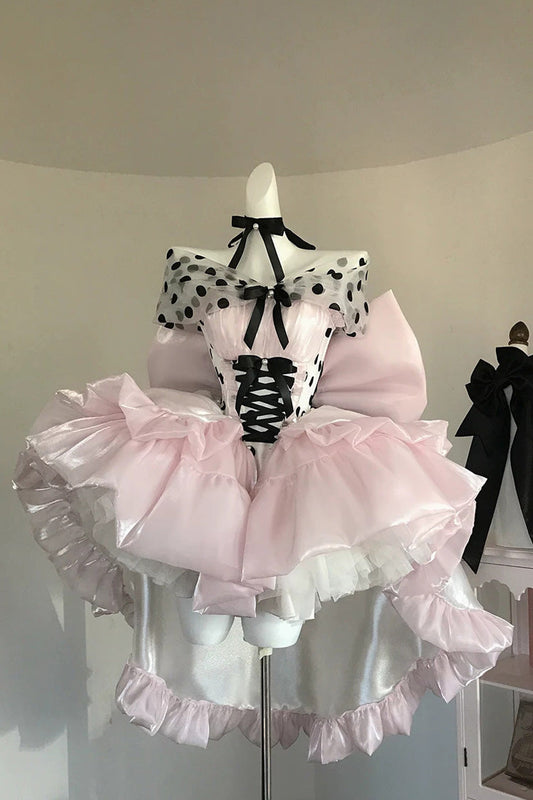 Printed Lace-Up Princess Dress - Polka Dot × Gown Coronation