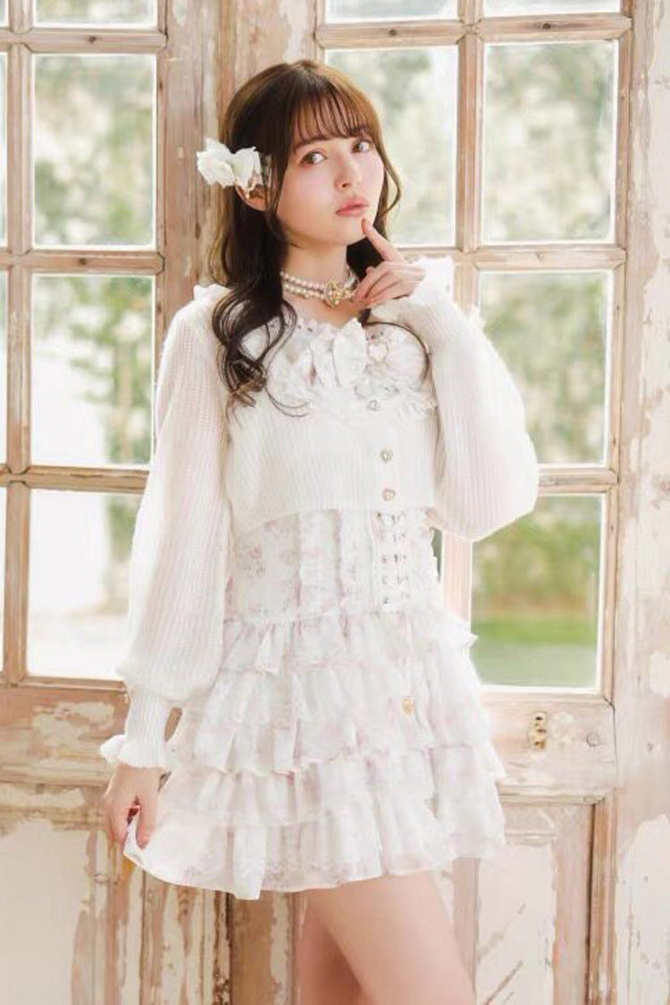 Multi Layered Ruffled Bow Print Long Sleeve Jirai Dress in Three Shades