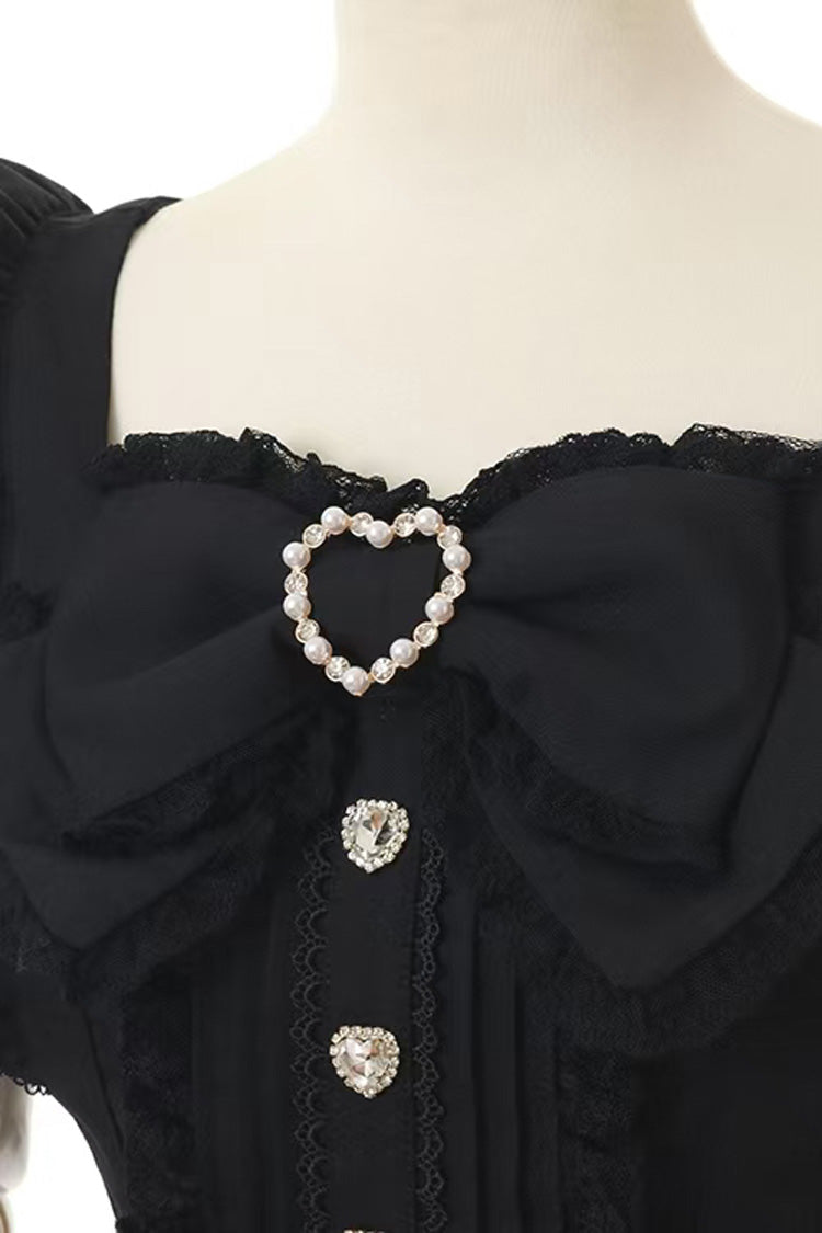 Cute Square-Neck Bow-Trimmed Short-Sleeve Lace Dress Set in Three Colors