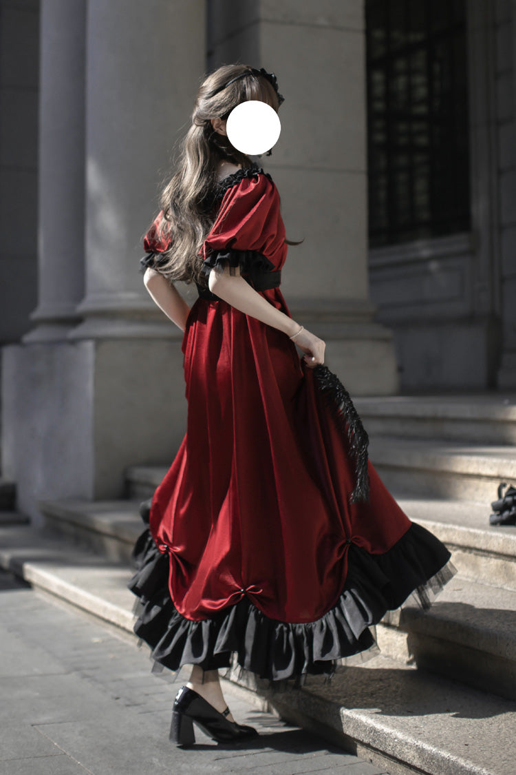 Red Square Collar Short Sleeves Ruffle Bowknot Sweet Regency-Style Vintage Lolita Dress
