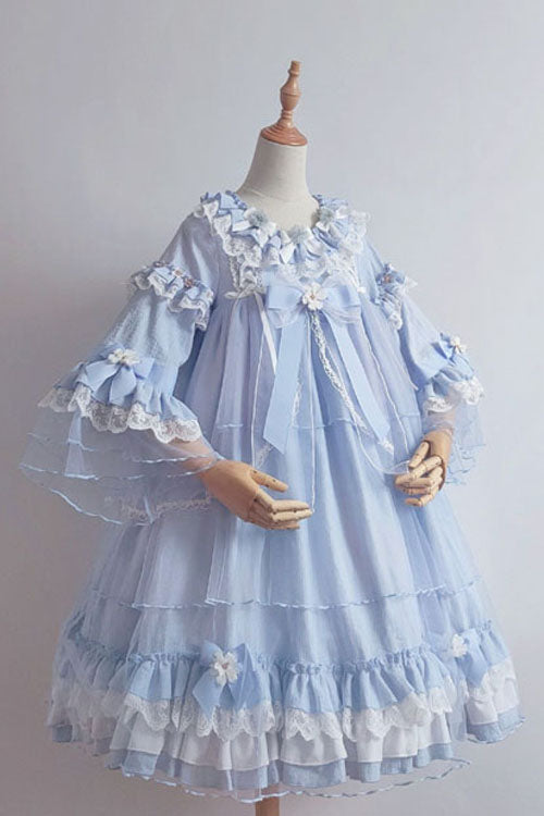 Azure Bow-Adorned Flared-Sleeve Ruffled Tiered Sweet Lolita Gown