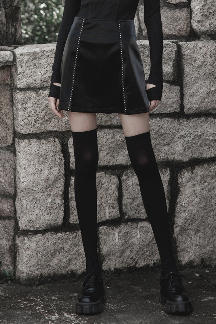 Punk Leather A-Line Skirt with Lace and Rivets