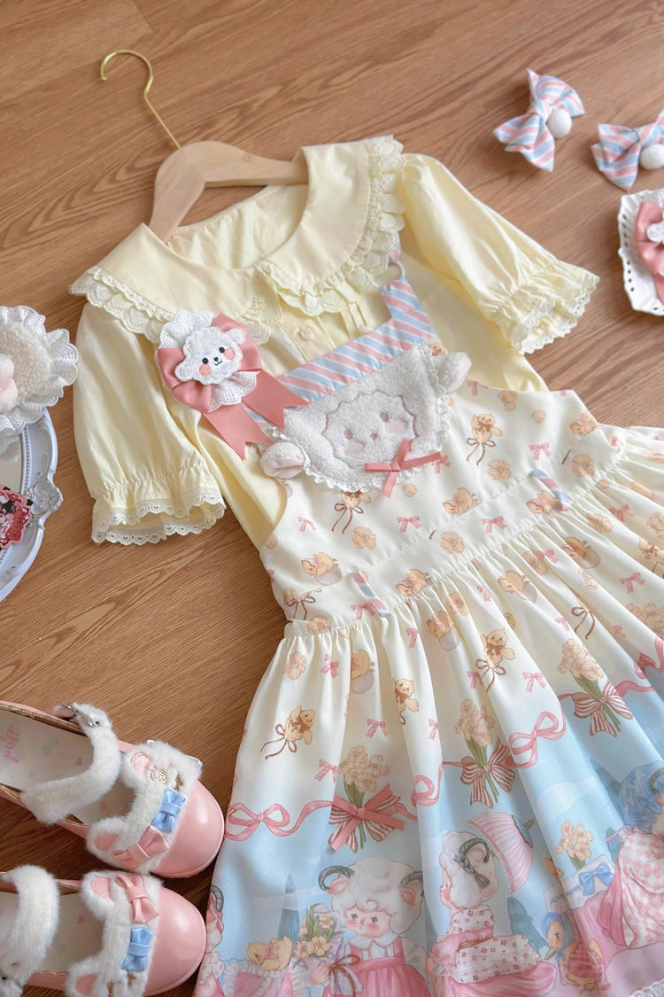 Blue/Pink Sheep Waltz Printed Ruffled Bow Lace Sweet Lolita Strap Dress - Miss Brown