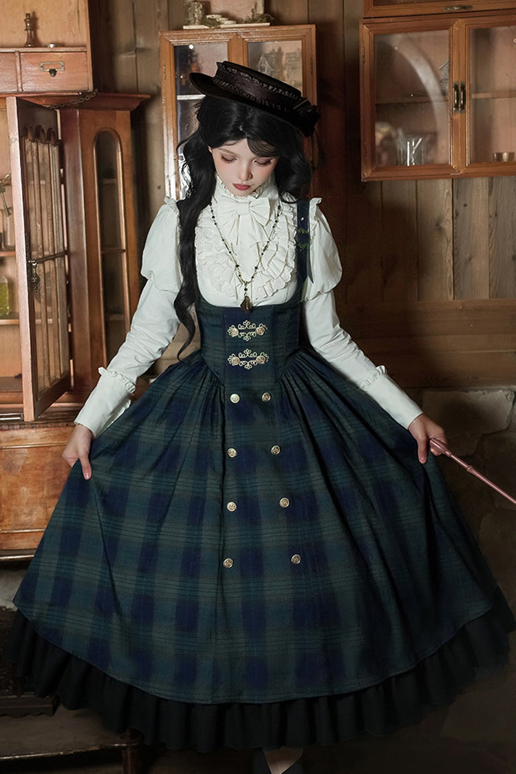 Blue Green Berlin Letter Double-Layered Plaid Print Ruffle Bowknot Classic College Style Lolita Strap Dress Set