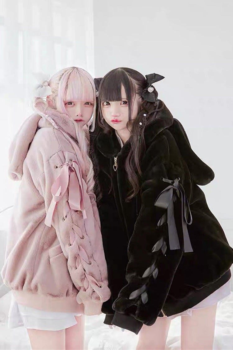 Black Rabbit Ears Bowknot Lace-Up Hooded Jirai Kei Coat