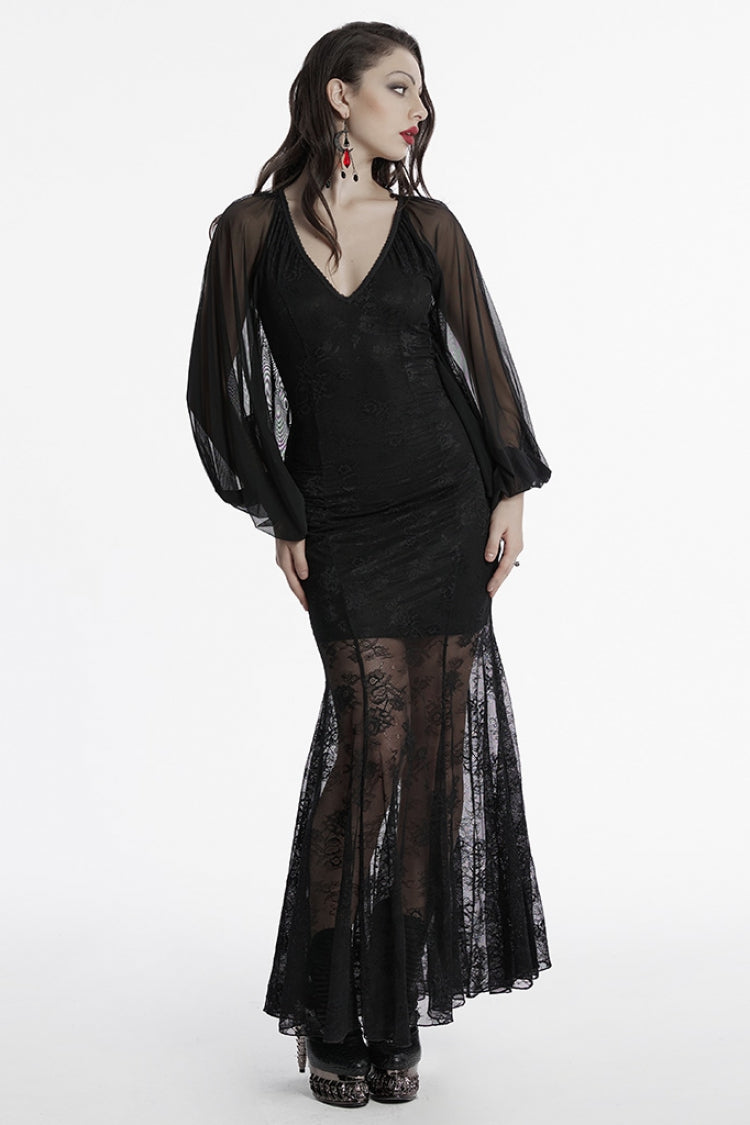 Jet-Black Punk Dress with Batwing Sleeves and Hollow Embroidery