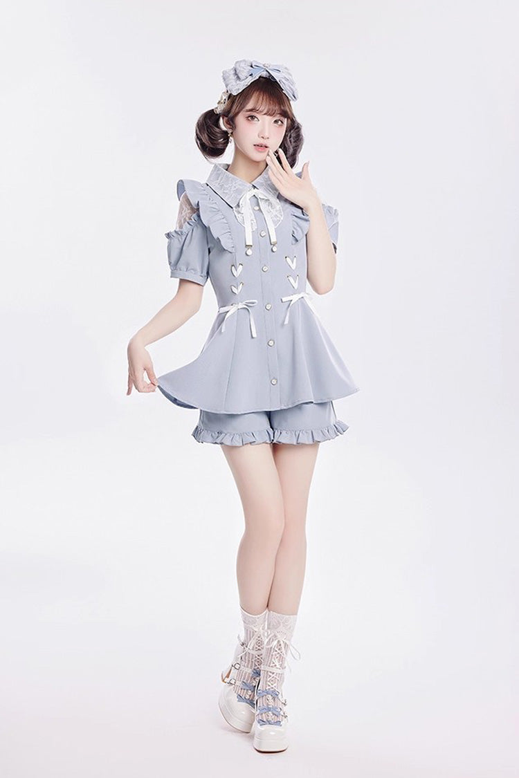 [Alice of Wednesday] Sweet Off Shoulder Short Sleeves Ruffle Bowknot Lace-Up Japanese Jirai Kei Dress Shorts Set 3 Colors