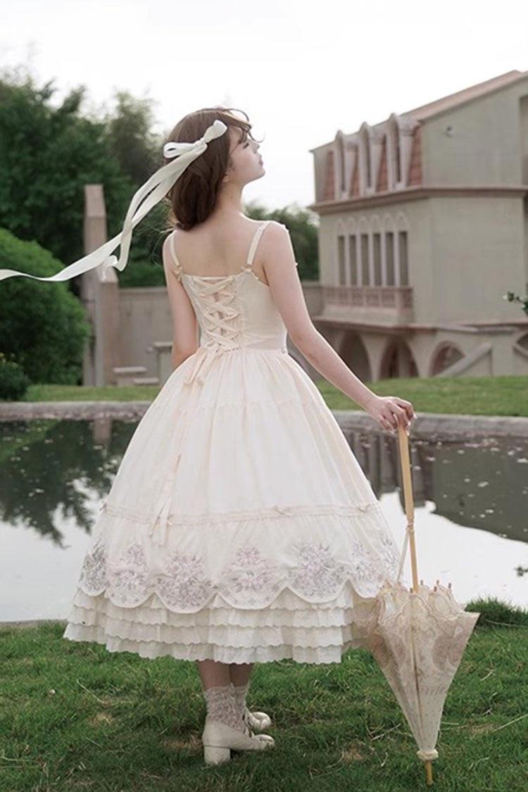 Apricot Princess Lolita JSK Dress with Triple-Layer Ruffles Embroidery Bowknot and Lace
