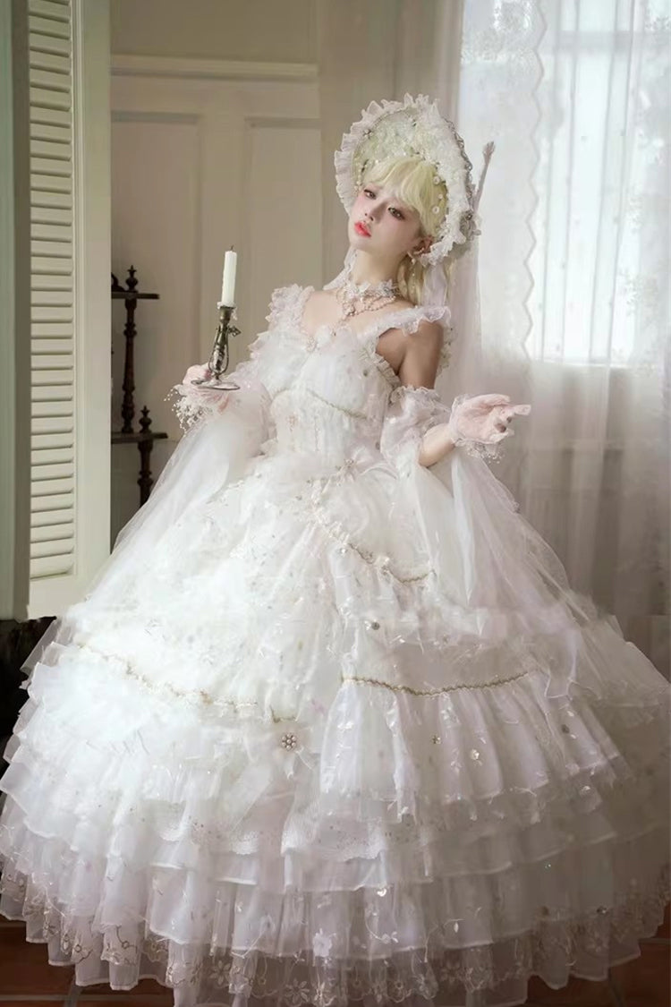 Ivory Chiffon Gown with Layered Ruffles and Bow Accents - Dreamy Waltz