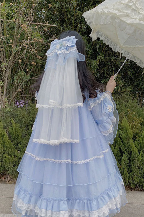 Azure Bow-Adorned Flared-Sleeve Ruffled Tiered Sweet Lolita Gown