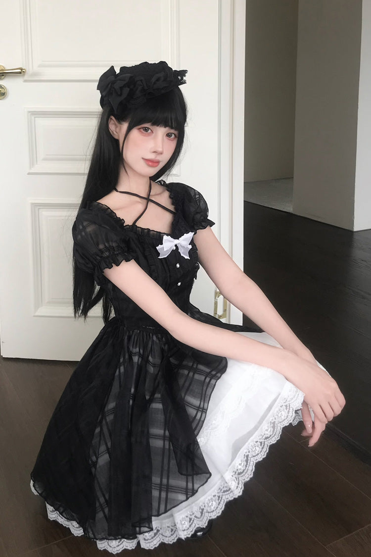 Black/White Square Collar Short Puff Sleeves Plaid Printed Ruffled Bow Lace Sweet Princess Lolita Dress