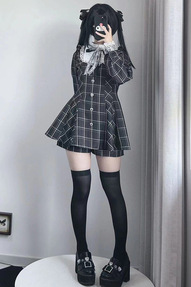 Heart-beating Limited Plaid Print Bowknot Lace Gothic Jirai Kei Dress Set - Black/White