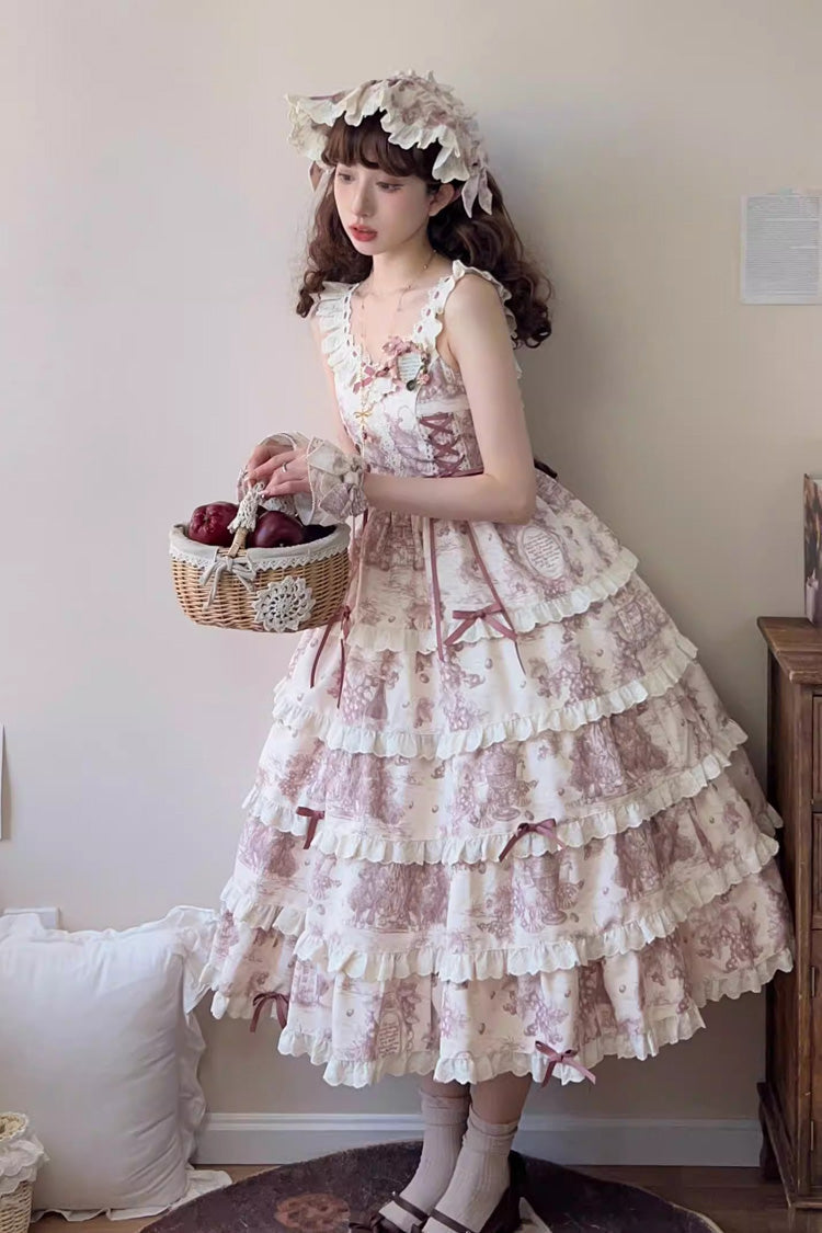 Grape Moon Almanac Sleeveless Multi-Layer Printed Ruffled Bow Adjustable Sweet Lolita JSK Dress